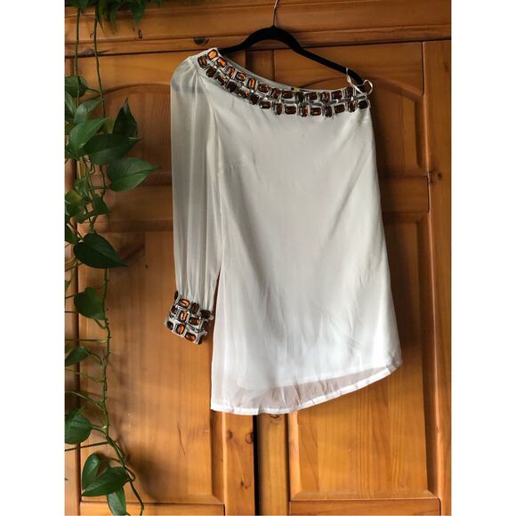 Floyd By Smith Beaded One Shoulder Mini White Dress SZ 12 - Picture 2 of 16
